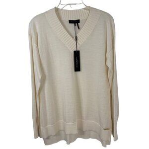 Donna Karan NY NEW Wool Blend Ivory V Neck Lightweight Sweater Women's Medium